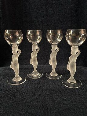 Set of 4 Nude Women Stemmed Cordial Glasses - Clear Bowls & Frosted Stems